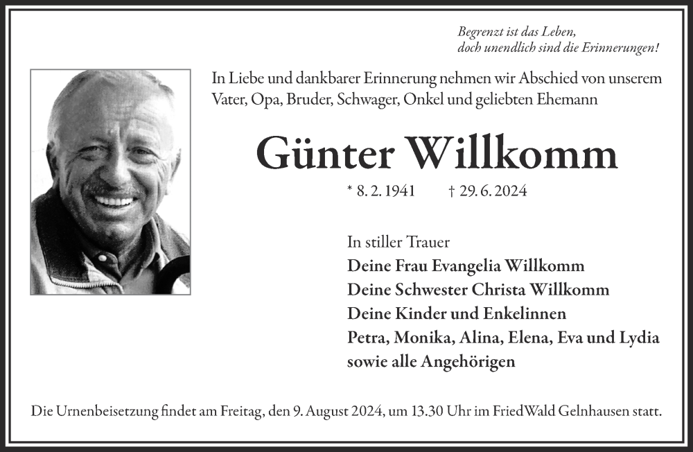  Traueranzeige für Günter Willkomm vom 03.08.2024 aus Gelnhäuser Neue Zeitung