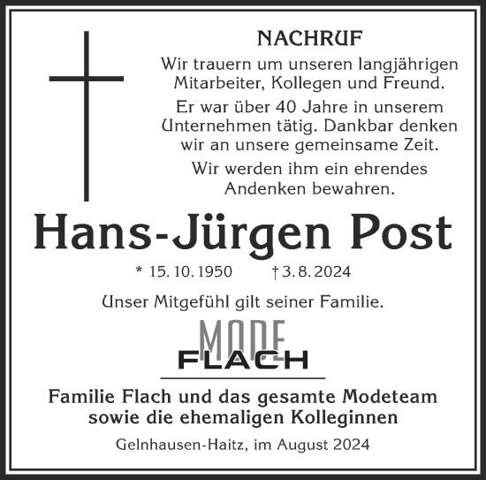 Traueranzeige von Hans-Jürgen Post von Gelnhäuser Neue Zeitung