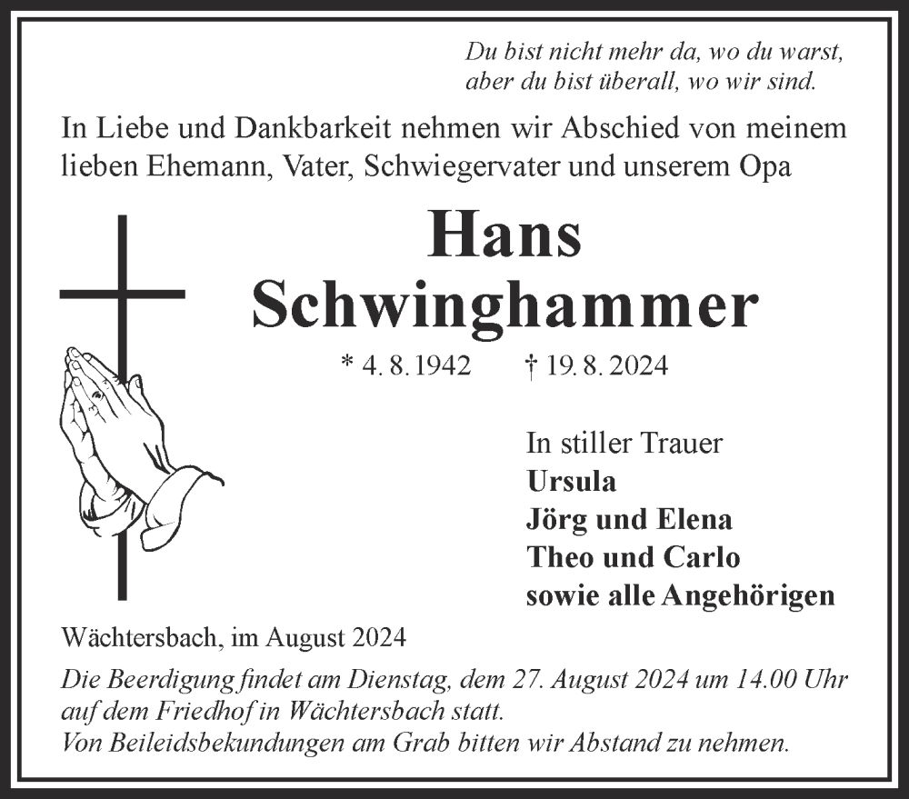  Traueranzeige für Hans Schwinghammer vom 24.08.2024 aus Gelnhäuser Neue Zeitung