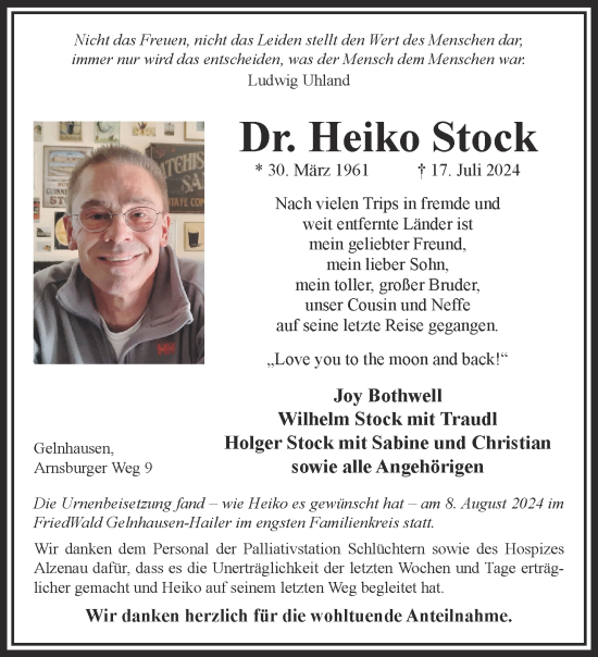 Traueranzeige von Heiko Stock von Gelnhäuser Neue Zeitung