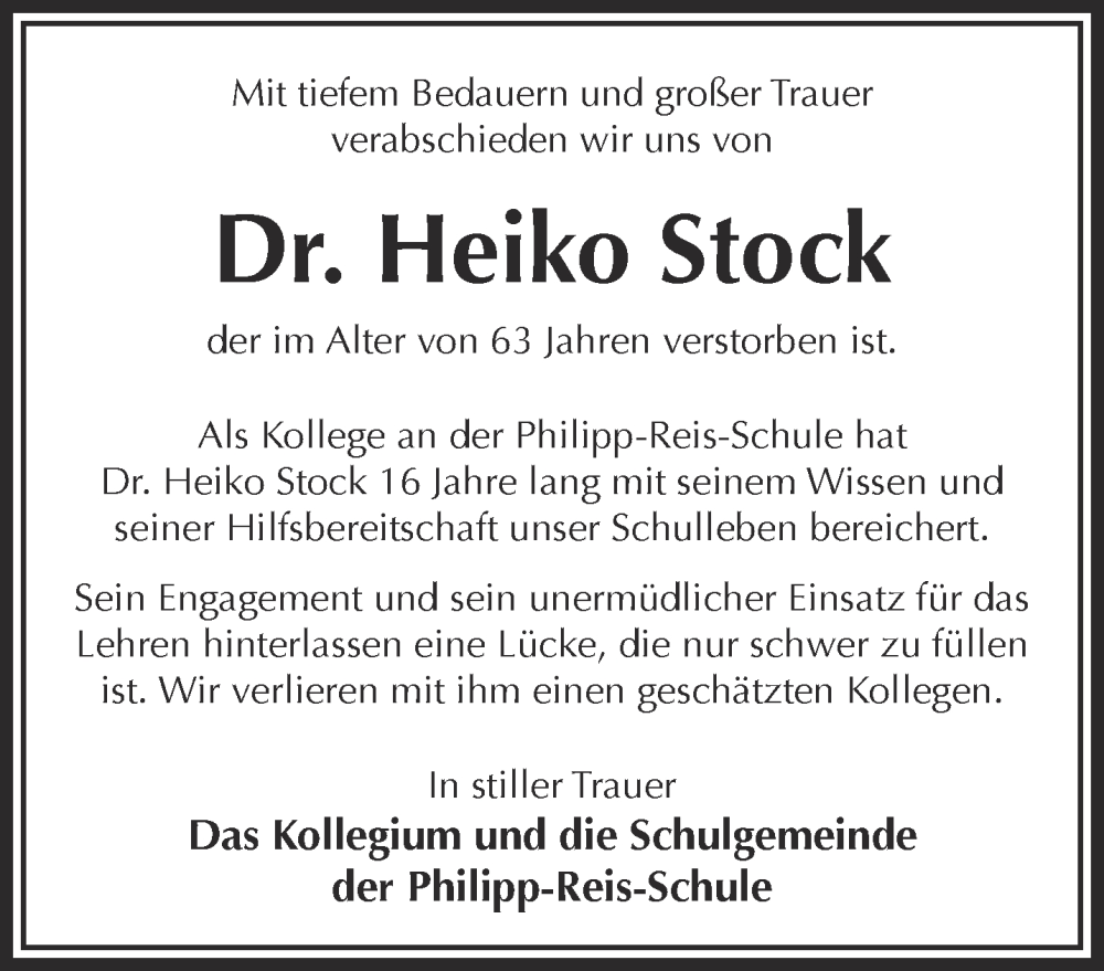  Traueranzeige für Heiko Stock vom 31.08.2024 aus Gelnhäuser Neue Zeitung