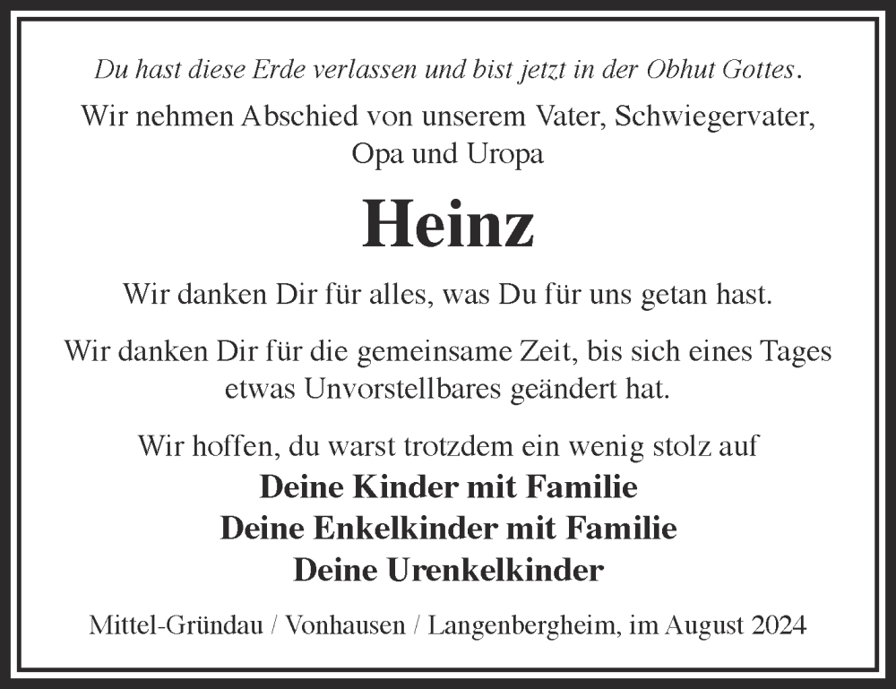  Traueranzeige für Heinz  vom 31.08.2024 aus Gelnhäuser Neue Zeitung