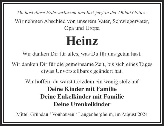 Traueranzeige von Heinz  von Gelnhäuser Neue Zeitung