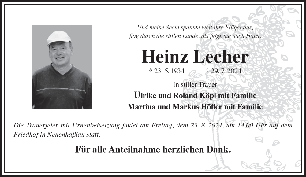  Traueranzeige für Heinz Lecke vom 10.08.2024 aus Gelnhäuser Neue Zeitung