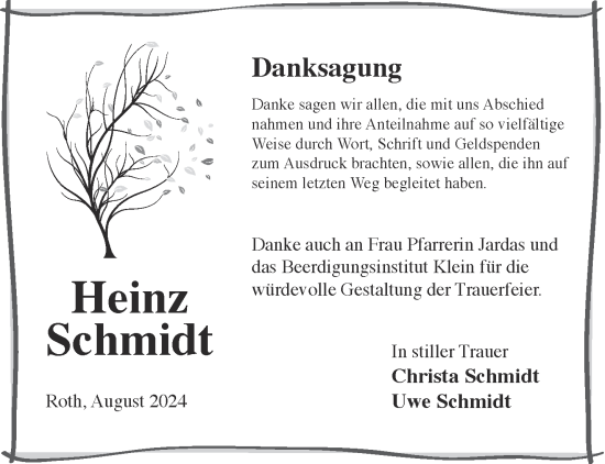 Traueranzeige von Heinz Schmidt von Mittelhessen-Bote