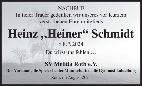 Traueranzeige von Heinz Schmidt von Gelnhäuser Neue Zeitung