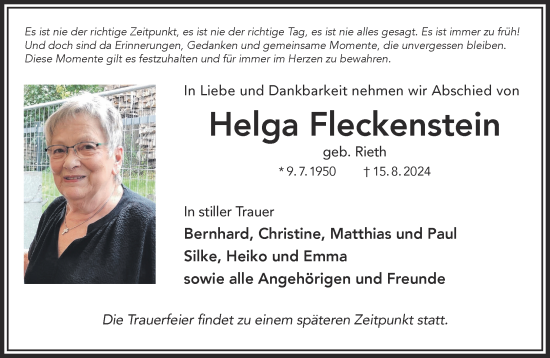 Traueranzeige von Helga Fleckenstein von Gelnhäuser Neue Zeitung