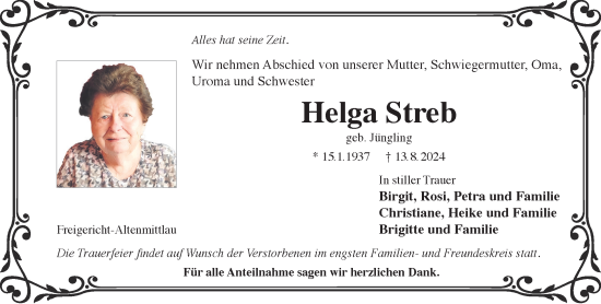 Traueranzeige von Helga Streb von Gelnhäuser Neue Zeitung