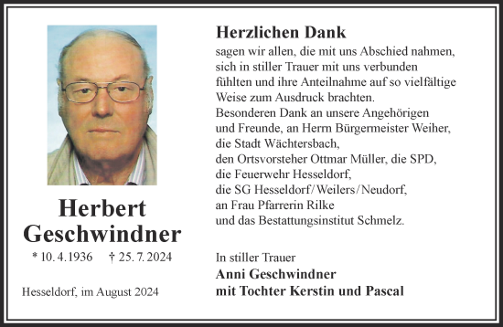 Traueranzeige von Herbert Geschwindner von Gelnhäuser Neue Zeitung