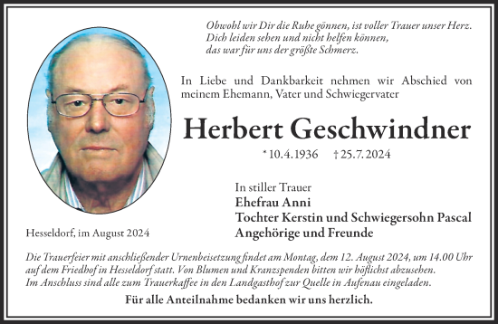 Traueranzeige von Herbert Geschwindner von Gelnhäuser Neue Zeitung