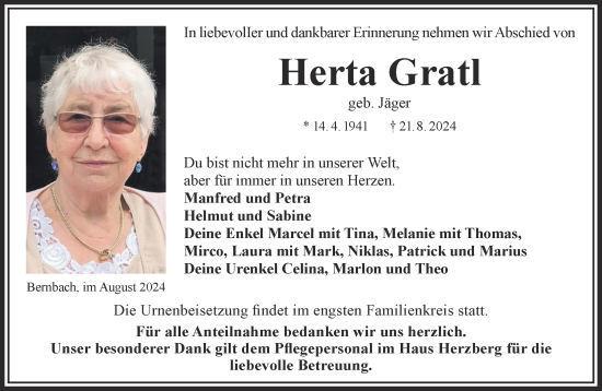 Traueranzeige von Herta Gratl von Gelnhäuser Neue Zeitung