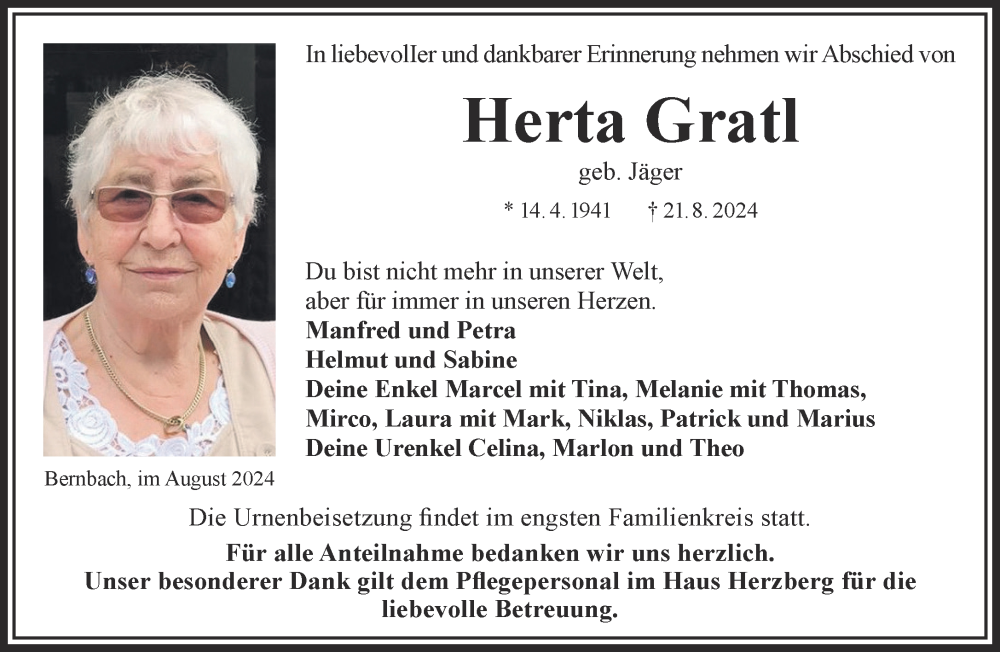  Traueranzeige für Herta Gratl vom 31.08.2024 aus Gelnhäuser Neue Zeitung