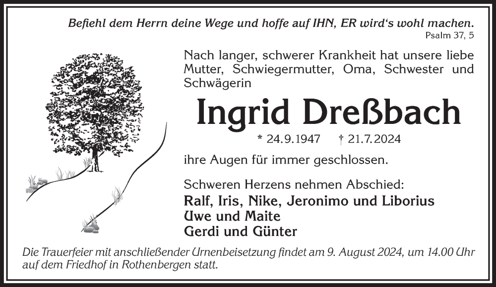  Traueranzeige für Ingrid Dreßbach vom 03.08.2024 aus Gelnhäuser Neue Zeitung