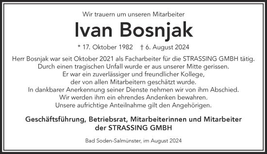 Traueranzeige von Ivan Bosnjak von Gelnhäuser Neue Zeitung