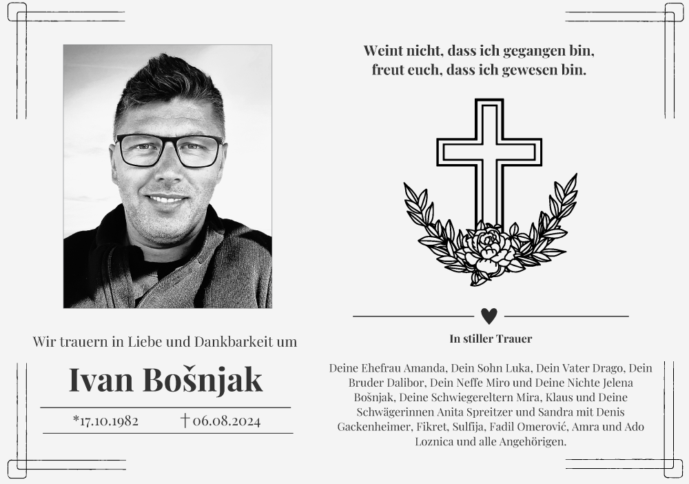  Traueranzeige für Ivan Bošnjak vom 17.08.2024 aus Gelnhäuser Neue Zeitung