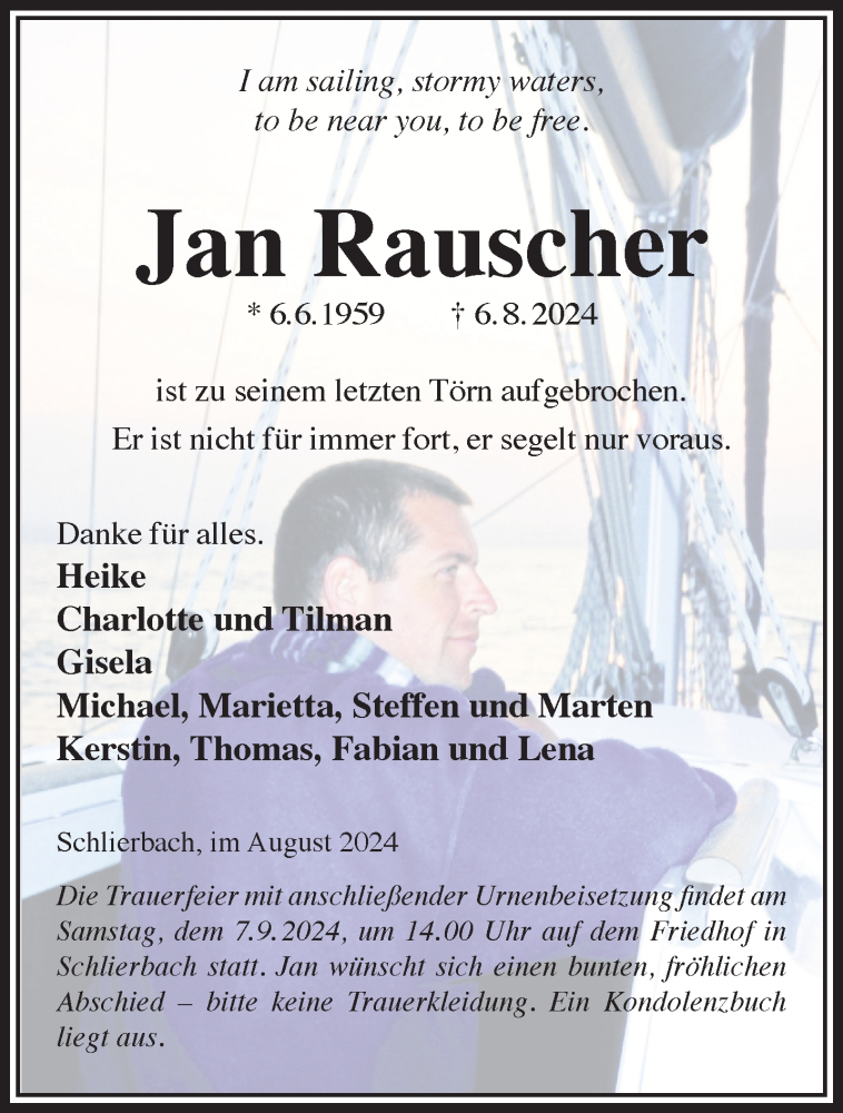  Traueranzeige für Jan Rauscher vom 17.08.2024 aus Gelnhäuser Neue Zeitung