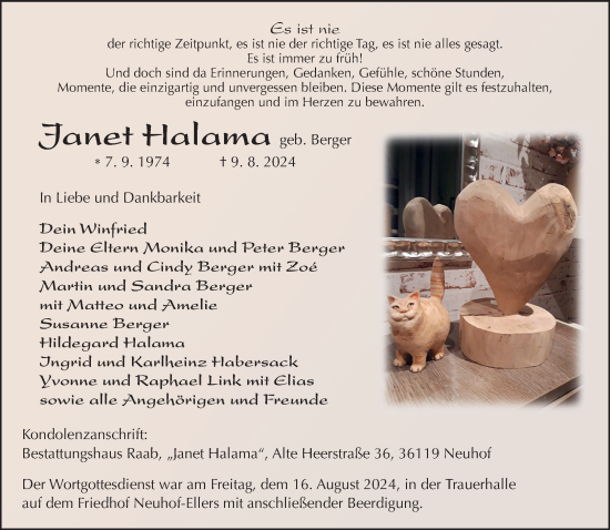 Traueranzeige von Janet Halama von Mittelhessen-Bote