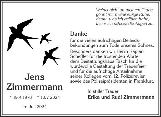Traueranzeige von Jens Zimmermann von Gelnhäuser Neue Zeitung