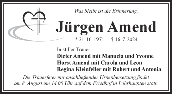 Traueranzeige von Jürgen Amend von Mittelhessen-Bote