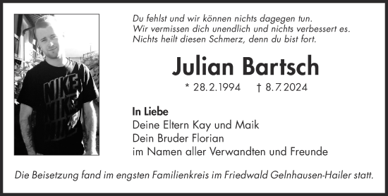 Traueranzeige von Julian Bartsch von Gelnhäuser Neue Zeitung