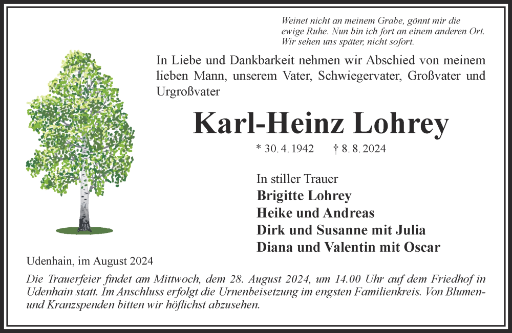  Traueranzeige für Karl-Heinz Lohrey vom 24.08.2024 aus Mittelhessen-Bote