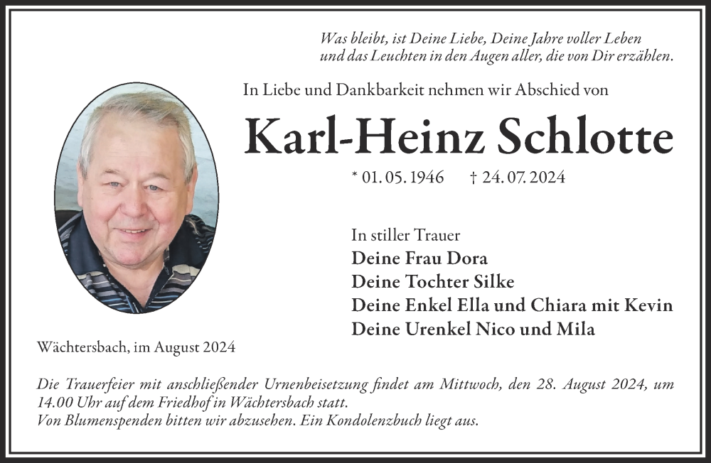  Traueranzeige für Karl-Heinz Schlotte vom 10.08.2024 aus Mittelhessen-Bote
