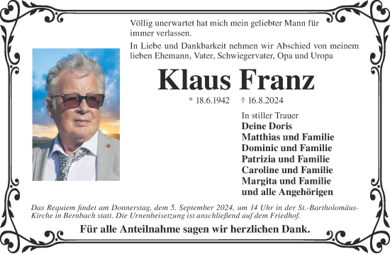 Traueranzeige von Klaus Franz von Gelnhäuser Neue Zeitung