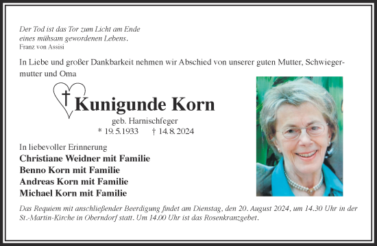 Traueranzeige von Kunigunde Korn von Gelnhäuser Neue Zeitung