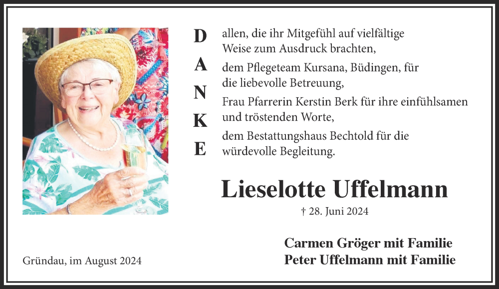  Traueranzeige für Lieselotte Uffelmann vom 10.08.2024 aus Gelnhäuser Neue Zeitung