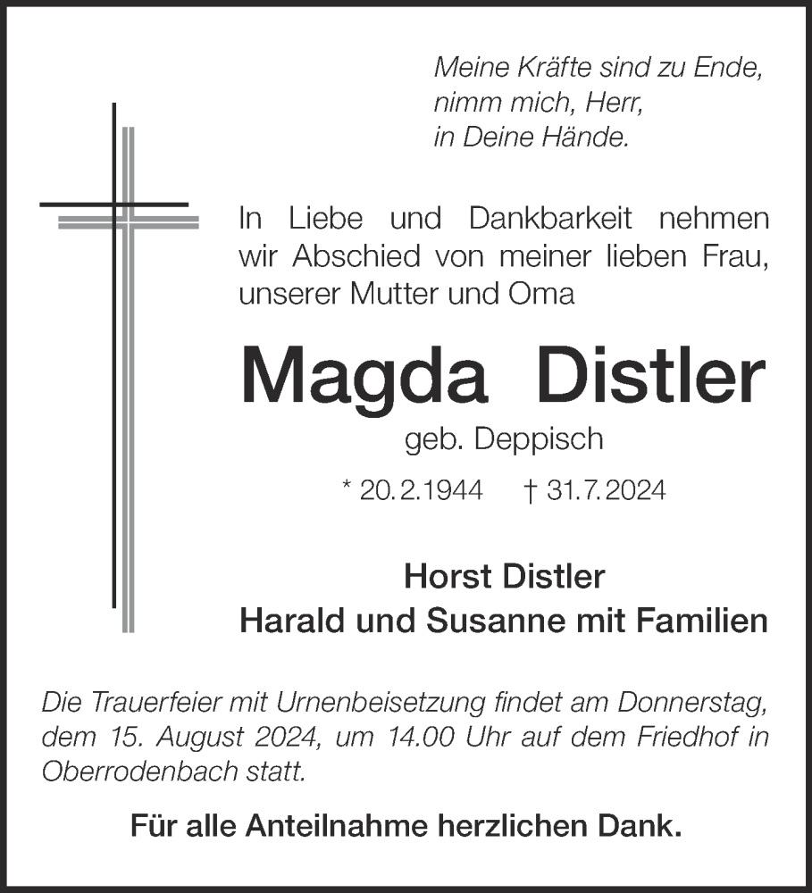 Traueranzeige für Magda Distler vom 10.08.2024 aus Gelnhäuser Neue Zeitung