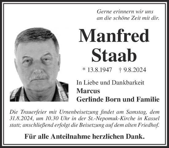 Traueranzeige von Manfred Staab von Mittelhessen-Bote