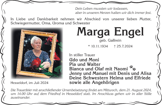 Traueranzeige von Marga Engel von Gelnhäuser Neue Zeitung