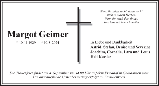 Traueranzeige von Margot Geimer von Gelnhäuser Neue Zeitung