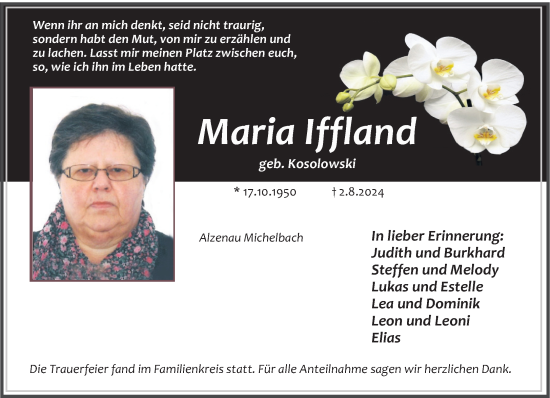 Traueranzeige von Maria Iffland von Mittelhessen-Bote