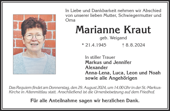 Traueranzeige von Marianne Kraut von Gelnhäuser Neue Zeitung