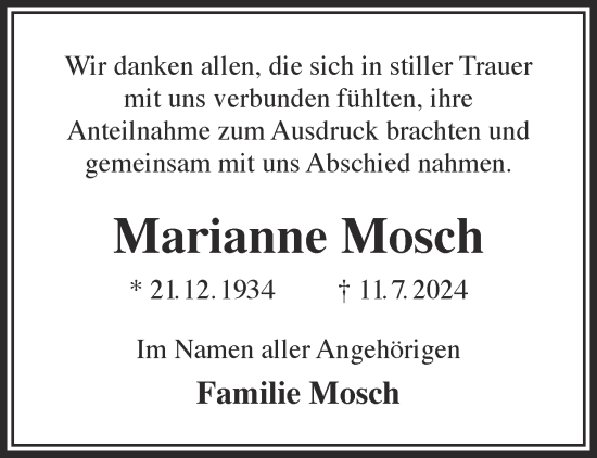 Traueranzeige von Marianne Mosch von Mittelhessen-Bote