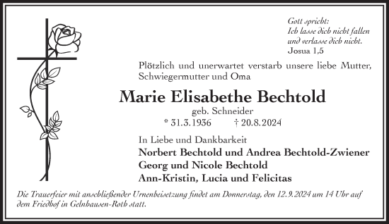 Traueranzeige von Marie Elisabethe Bechtold von Gelnhäuser Neue Zeitung