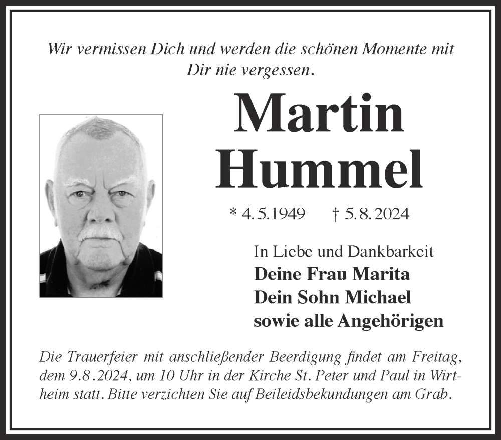  Traueranzeige für Martin Hummel vom 07.08.2024 aus Gelnhäuser Neue Zeitung