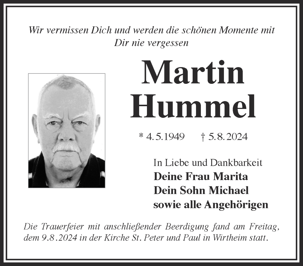  Traueranzeige für Martin Hummel vom 10.08.2024 aus Mittelhessen-Bote