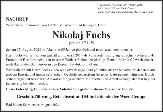 Traueranzeige von Nikolaj Fuchs von Gelnhäuser Neue Zeitung