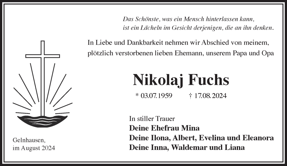 Traueranzeige für Nikolaj Fuchs vom 31.08.2024 aus Gelnhäuser Neue Zeitung