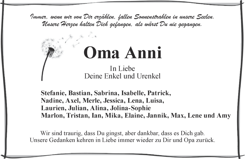 Traueranzeige für Oma Anni  vom 03.08.2024 aus Mittelhessen-Bote
