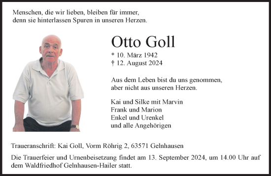 Traueranzeige von Otto Goll von Gelnhäuser Neue Zeitung