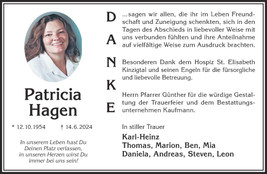 Traueranzeige von Patricia Hagen von Gelnhäuser Neue Zeitung