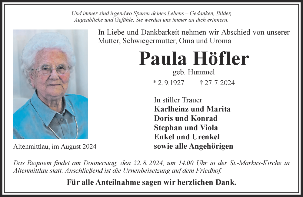  Traueranzeige für Paula Höfler vom 17.08.2024 aus Gelnhäuser Neue Zeitung