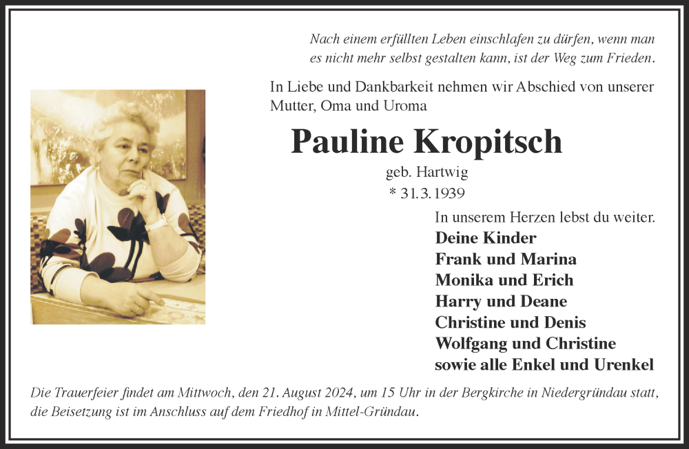  Traueranzeige für Pauline Kropitsch vom 10.08.2024 aus Gelnhäuser Neue Zeitung