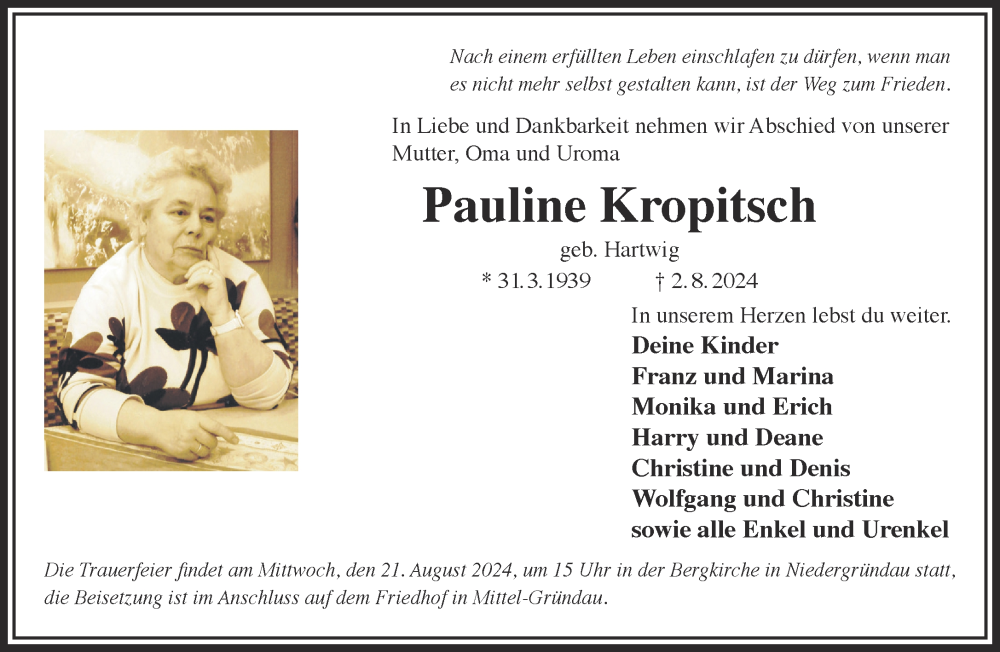  Traueranzeige für Pauline Kropitsch vom 17.08.2024 aus Mittelhessen-Bote
