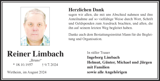 Traueranzeige von Reiner Limbach von Mittelhessen-Bote