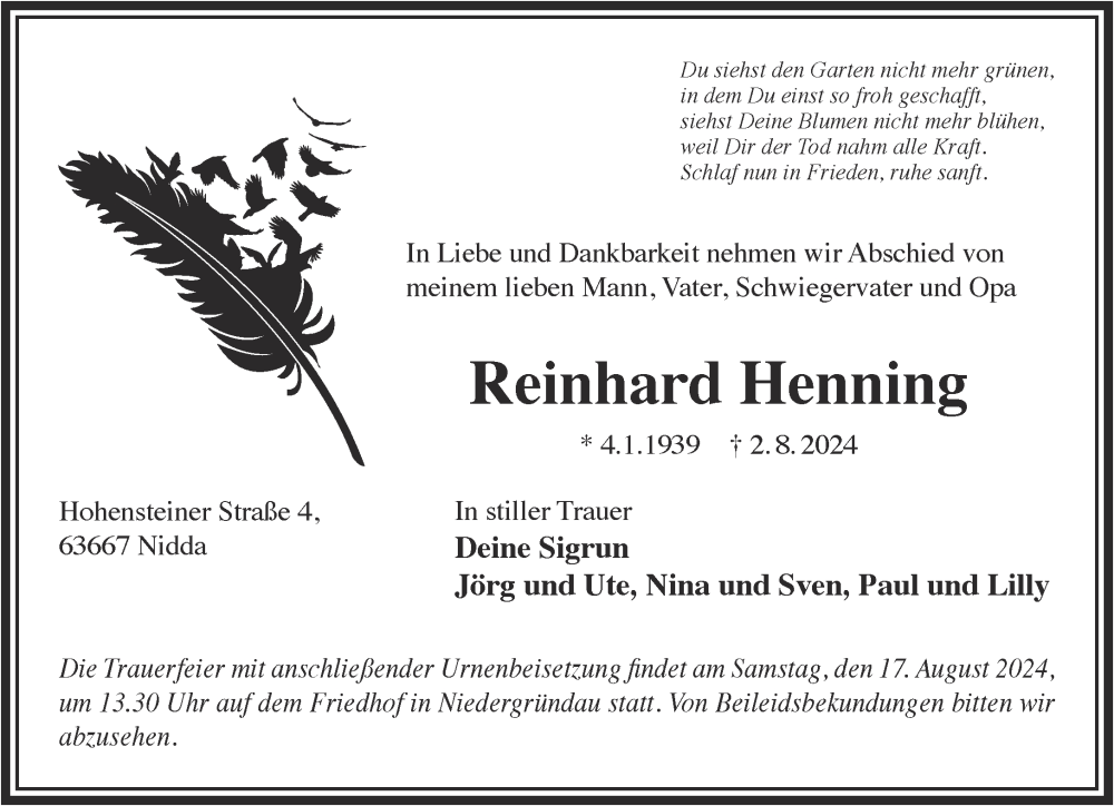  Traueranzeige für Reinhard Henning vom 10.08.2024 aus Gelnhäuser Neue Zeitung