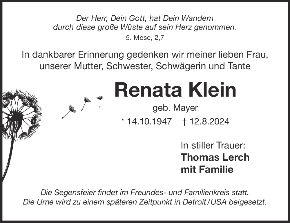  Traueranzeige für Renata Klein vom 24.08.2024 aus Gelnhäuser Neue Zeitung
